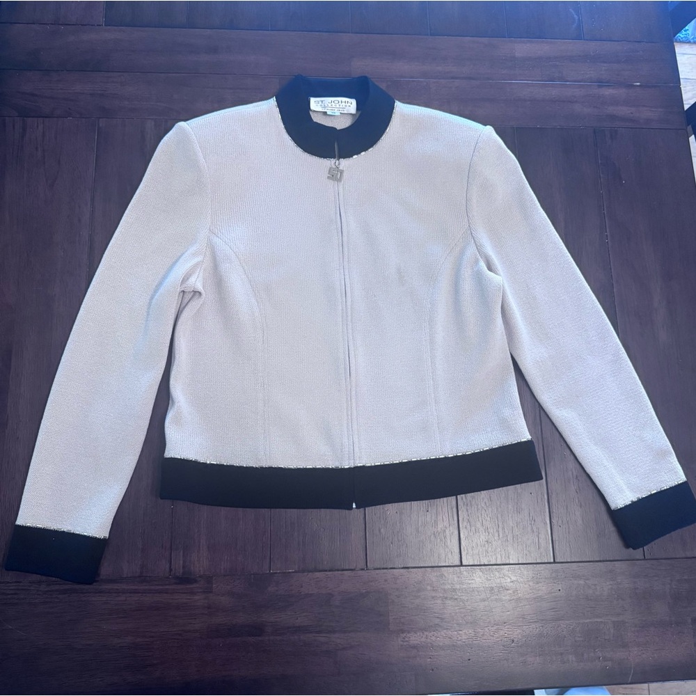 St. John Collection Santana Knit Zip Jacket Ivory Black Size 10 Vintage 2001